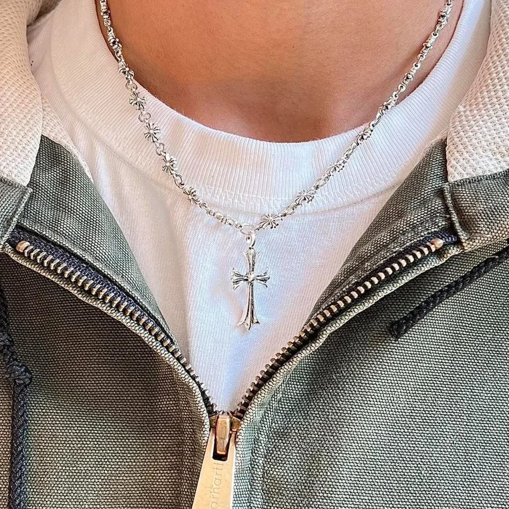 vintage y2k grunge chrome color silver cross pendant necklace